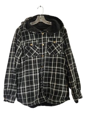 Plaid Hooded Shacket Womens Large Fleece Lined Black Grey Snap Close Outdoor